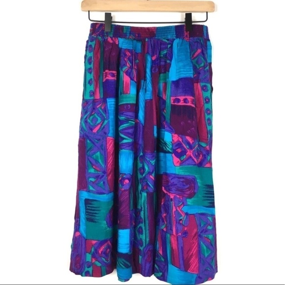 VINTAGE Midi Skirt Geo Mod Retro Boho Abstract Jewel Tone F Shay Boston Size 10 - Picture 4 of 8